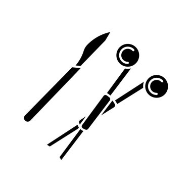 Cerrahi neşter ve kelepçe glif simgesi. Cerrahi aletler. Cerrahi aletler. Siluet simge. Negatif alan. İzole vektör çizim