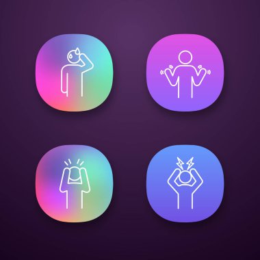 Duygusal stres app simgeleri ayarlayın. Soğuk ter, el titremesi, sinir gerginliği, baş ağrısı. UI/Ux Kullanıcı arabirimi. Web ya da mobil uygulamalar. İzole vektör çizimler