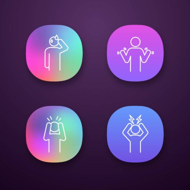 Duygusal stres app simgeleri ayarlayın. Soğuk ter, el titremesi, sinir gerginliği, baş ağrısı. UI/Ux Kullanıcı arabirimi. Web ya da mobil uygulamalar. İzole vektör çizimler