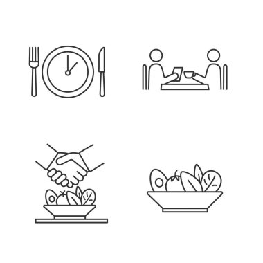 İş öğle yemeği doğrusal Icons set. Akşam yemeği mola, Toplantı, café yapmak yemek, salata alışverişinde. İnce çizgi kontur sembolleri. İzole vektör anahat çizimler. Düzenlenebilir kontur