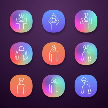 Duygusal stres app simgeleri ayarlayın. Anksiyete, hayal kırıklığı, karışıklık, titreyen, yük, düşünme, bitkinlik, ilgisizlik, üzüntü. UI/Ux Kullanıcı arabirimi. Web, mobil uygulamalar. İzole vektör çizimler