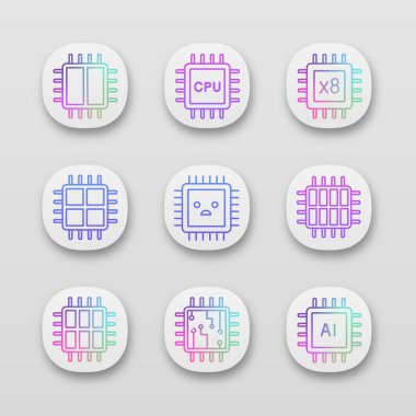 İşlemciler app simgeleri ayarlayın. UI/Ux Kullanıcı arabirimi. Çift, octa, dört, altı çekirdekli fişleri, Cpu, üzgün işlemci, tümleşik devre, AI mikroişlemci. Web ya da mobil uygulamalar. İzole vektör çizimler