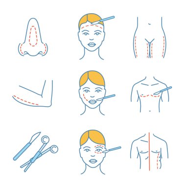 Plastik cerrahi renk simgeler kümesi. Rinoplasti, facelift, kol lift, yanak cerrahi, coolsculpting, neşter ve kelepçe, uyluk plastik, Blefaroplasti. İzole vektör çizimler