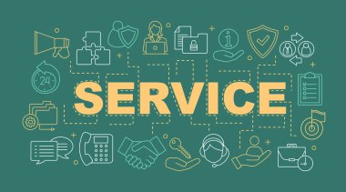 Hizmet kelime kavramları afiş. Çağrı Merkezi, telefon hattı, yardım masası. Tanıtım, Web sitesi. Müşteri desteği. Tipografi fikir doğrusal simgeleri ile harfler izole. Vektör anahat çizim