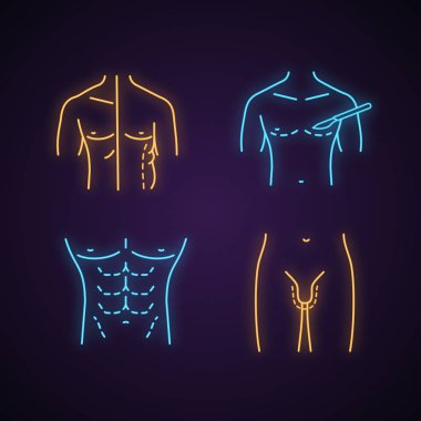 Plastic surgery neon light icons set. Male coolsculpting, gynecomastia, body contouring, penis enlargement. Glowing signs. Vector isolated illustrations