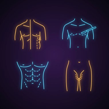 Plastic surgery neon light icons set. Male coolsculpting, gynecomastia, body contouring, penis enlargement. Glowing signs. Vector isolated illustrations clipart