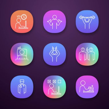 Duygusal stres app simgeleri ayarlayın. Rush, el titremesi, spor, uyku, baş ağrısı, çatışma, Doktor, hataları, alkolizm yapmaya çalışıyorum. UI/Ux Kullanıcı arabirimi. Web uygulamaları. İzole vektör çizimler