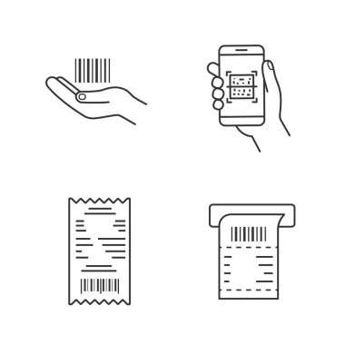 Barkodlar doğrusal Icons set. Doğrusal Barkod el tarama app, nakit tahsilat, Atm kağıt onay Qr kodları. İnce çizgi kontur sembolleri. İzole vektör anahat çizimler. Düzenlenebilir kontur