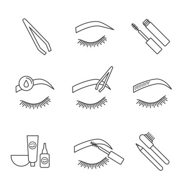Doğrusal Icons set şekillendirme kaşlar. Kit, kemerli kaşlar, cımbız, makyaj temizleme, microblading, maskara, kaş renklendirme ve kalem şekillendirme boya. İzole vektör anahat çizimler. Düzenlenebilir kontur
