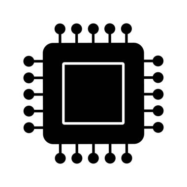 İşlemci glif simgesi. Mikroişlemci. CPU. Merkezi işlem birimi. Entegre devre. Bilgisayar işlemcisi. Mikroçip, yonga seti, chip. Siluet simge. Negatif alan. İzole vektör çizim