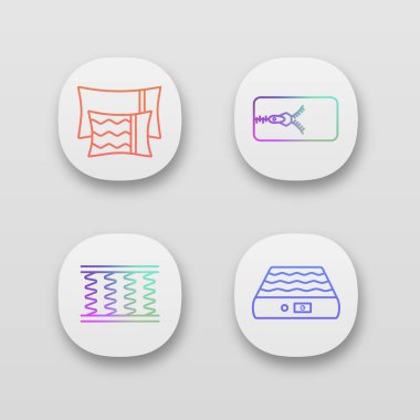 Ortopedik yatak app simgeleri ayarlayın. UI/Ux Kullanıcı arabirimi. Yastıklar, kaldırma örtmek, bahar ve Hava minder. Web ya da mobil uygulamalar. İzole vektör çizimler