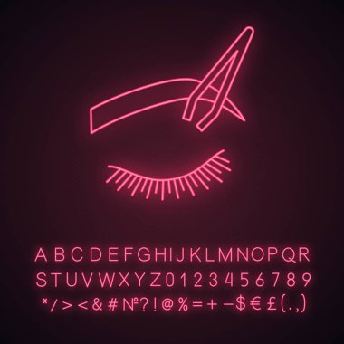 Neon ışığı simgesi şekillendirme kaşlar. Kaşları düzeltme. Kaşları Tweezing. Koparma kaşları. Kozmetik cımbız. Alfabe, sayı ve sembol parlayan işaretiyle. İzole vektör çizim