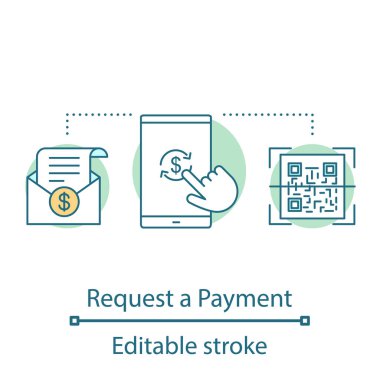 Ödeme isteği kavramı simge. E-ödeme fikir ince hat illüstrasyon. Internet bankacılığı. Mali yönetim. QR kod ödeme. İzole anahat çizim vektör. Düzenlenebilir kontur