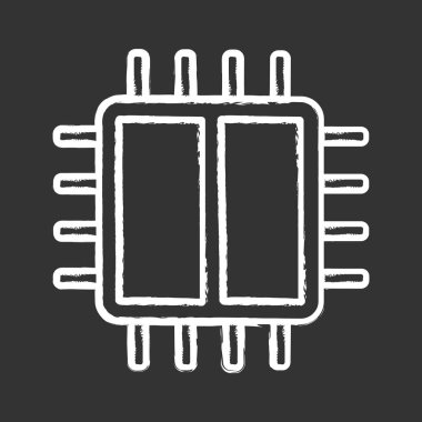 Çift çekirdekli işlemci tebeşir simgesi. X2 mikroişlemci. Mikroçip, küçük parça. CPU. Merkezi işlem birimi. Bilgisayar, telefon işlemci. Entegre devre. İzole vektör kara tahta çizim