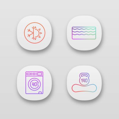 Ortopedik yatak app simgeleri ayarlayın. UI/Ux Kullanıcı arabirimi. Makine yıkanabilir, Çift sezon, battaniyeler yatak, ağırlık sınırı ilâ 140 kg. Web ya da mobil uygulamalar. İzole vektör çizimler
