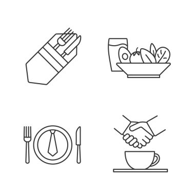 İş öğle yemeği doğrusal Icons set. Çatal ve bıçak, salata ve soğuk içecek, ortaklık, iş yemeği. İnce çizgi kontur sembolleri. İzole vektör anahat çizimler. Düzenlenebilir kontur