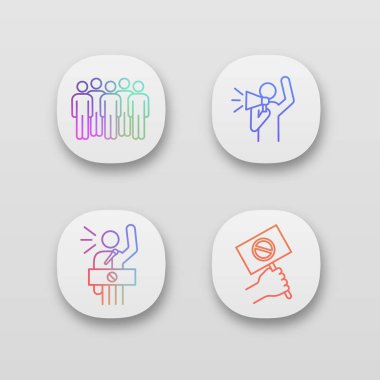 Eylem app Icons set protesto. UI/Ux Kullanıcı arabirimi. Toplantı, protestocu, protesto afiş, konuşma. Web ya da mobil uygulamalar. İzole vektör çizimler