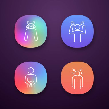 Duygusal stres app simgeleri ayarlayın. Baş dönmesi, öfke, hazımsızlık, sinir gerginliği. UI/Ux Kullanıcı arabirimi. Web ya da mobil uygulamalar. İzole vektör çizimler