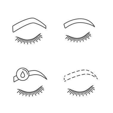 Doğrusal Icons set şekillendirme kaşlar. Dik ve yuvarlak kemerli kaşlar, makyaj temizleme, Kaş şekillendirme. İnce çizgi kontur sembolleri. İzole vektör anahat çizimler. Düzenlenebilir kontur