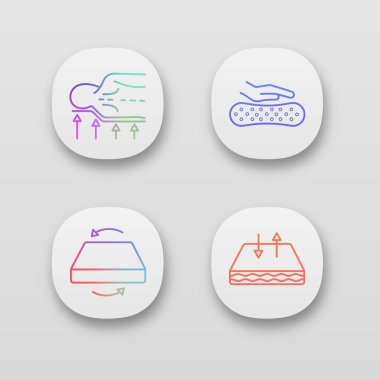 Ortopedik yatak app simgeleri ayarlayın. Geri destek, lateks malzeme, Çift sezon yatak, solunabilir kapak. UI/Ux Kullanıcı arabirimi. Web ya da mobil uygulamalar. İzole vektör çizimler