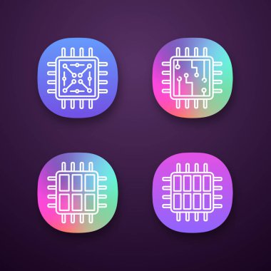 İşlemciler app simgeleri ayarlayın. UI/Ux Kullanıcı arabirimi. Chip, mikroişlemci, entegre birim, altı ve octa işlemci çekirdek. Web ya da mobil uygulamalar. İzole vektör çizimler