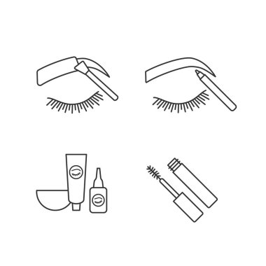 Doğrusal Icons set şekillendirme kaşlar. Renklendirme ve kalem, kaş ve kirpik boya seti, şekillendirme kaşları maskara. İnce çizgi kontur sembolleri. İzole vektör anahat çizimler. Düzenlenebilir kontur