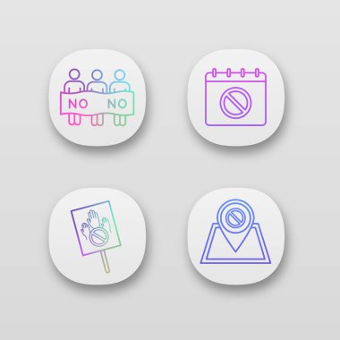 Eylem app Icons set protesto. UI/Ux Kullanıcı arabirimi. Toplumsal hareket tarihi, protesto konumu, afiş, grev. Web ya da mobil uygulamalar. İzole vektör çizimler