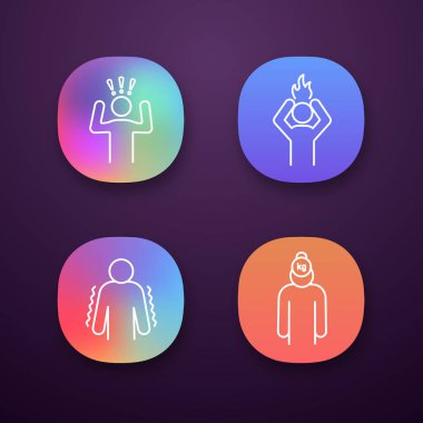 Duygusal stres app simgeleri ayarlayın. Anksiyete, hayal kırıklığı, tremor, yük. UI/Ux Kullanıcı arabirimi. Web ya da mobil uygulamalar. İzole vektör çizimler
