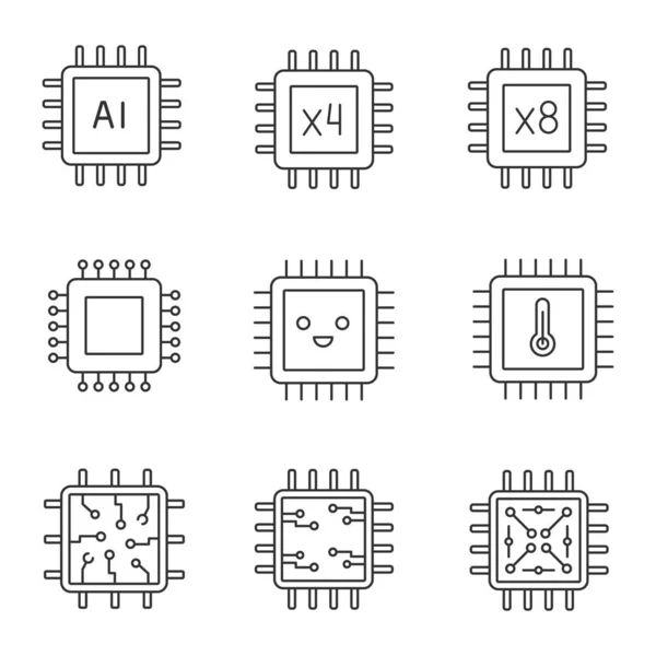 Conjunto Iconos Lineales Procesadores Chip Quad Procesadores Octa Core Circuito — Vector de stock