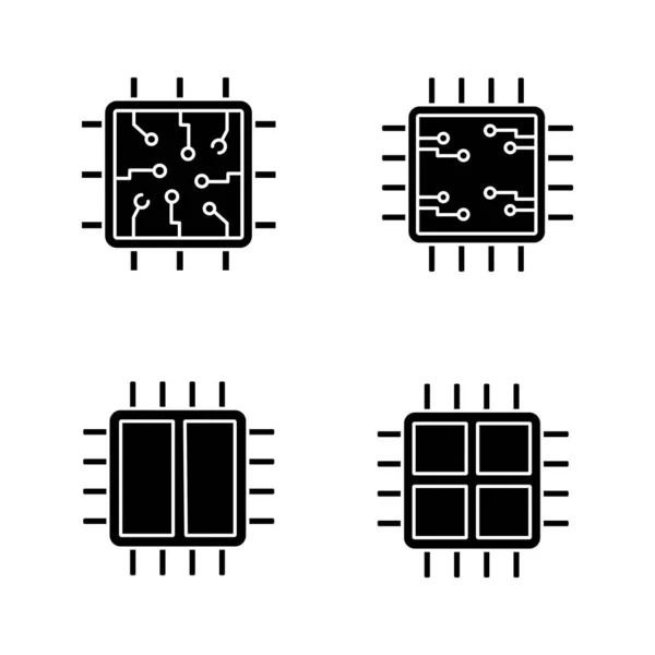 Набір Гліфів Процесорів Чіп Мікропроцесор Інтегрований Процесор Подвійний Чотириядерний Процесор — стоковий вектор