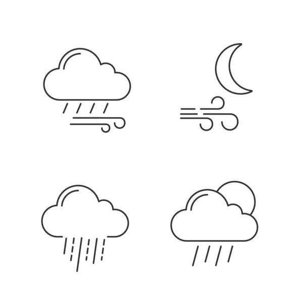 Předpověď Počasí Lineární Ikony Nastavit Větrné Deštivé Počasí Vítr Noc — Stockový vektor