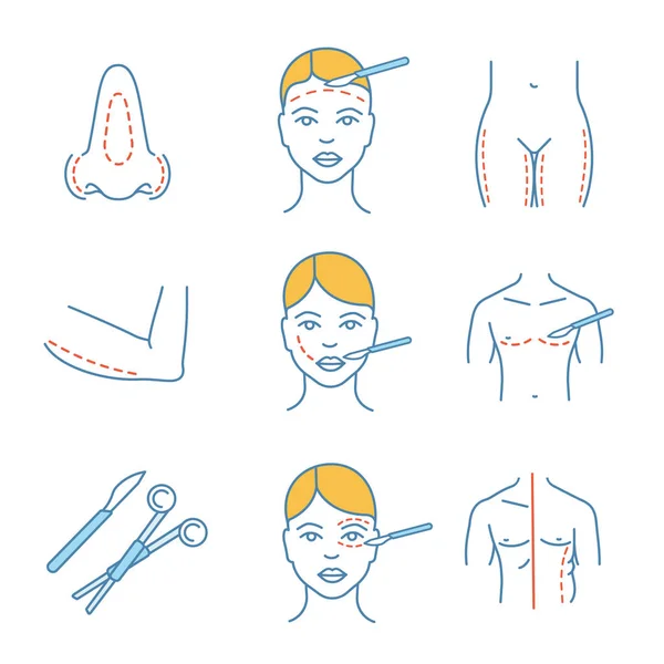 Набор Иконок Цвета Пластической Хирургии Ринопластика Подтяжка Лица Подтяжка Руки — стоковый вектор