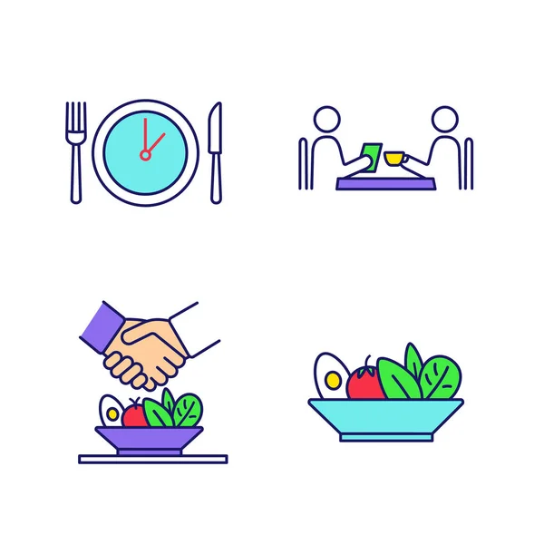 商务午餐颜色图标设置 晚餐休息 咖啡厅会议 餐后交易 孤立向量插图 — 图库矢量图片
