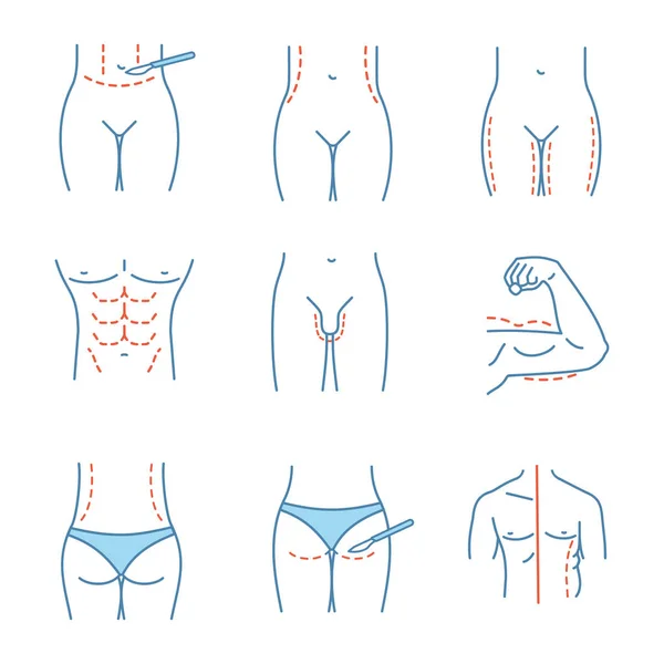 Conjunto Iconos Color Cirugía Plástica Abdominoplastia Cintura Muslo Cirugía Corrección — Archivo Imágenes Vectoriales