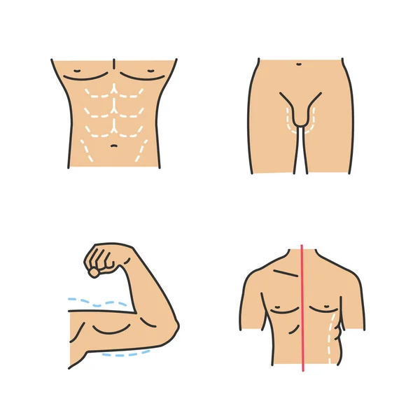 Conjunto Iconos Color Cirugía Plástica Contorno Del Cuerpo Masculino Alargamiento — Archivo Imágenes Vectoriales