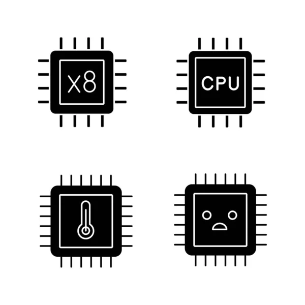 处理器标志符号图标设置 八内核 Cpu 处理器 微处理器温度 悲伤芯片 剪影符号 矢量隔离插图 — 图库矢量图片
