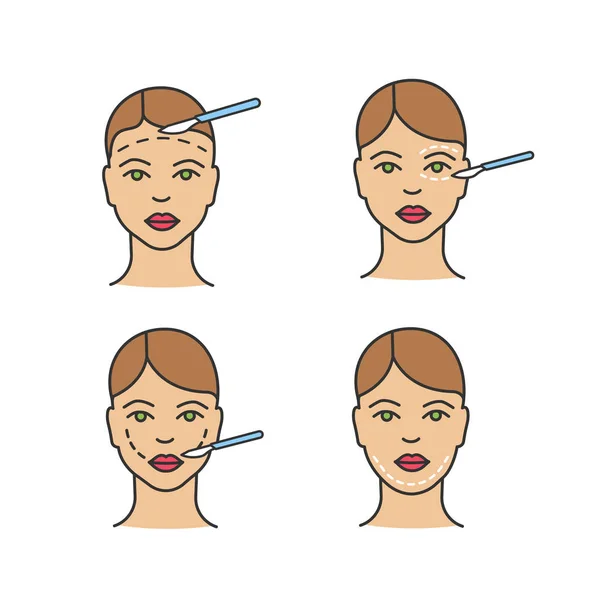 Plastic surgery color icons set. Facelift surgery, blepharoplasty, double chin removal, cheek lift surgery. Isolated vector illustrations