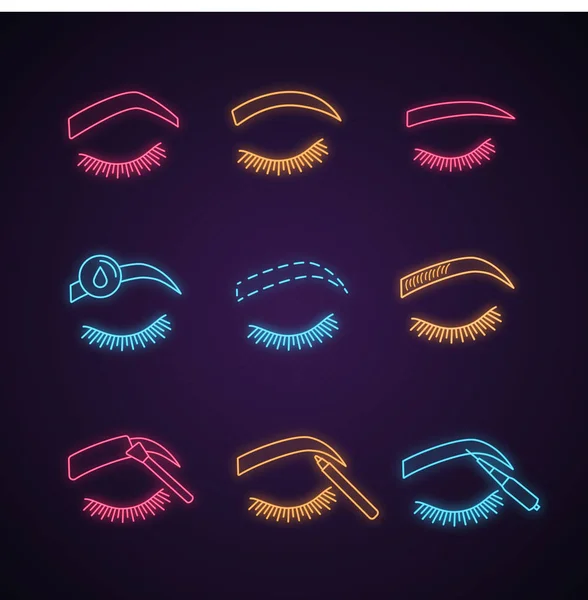 Eyebrows Shaping Neon Light Icons Set Steep Arched Rounded Straight — Stock Vector