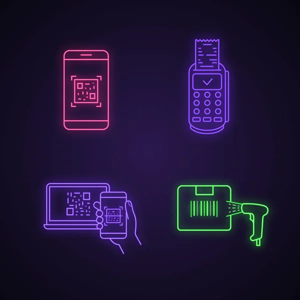 Codes Barres Néon Icônes Lumineuses Ensemble Smartphone App Lecteur Code — Image vectorielle