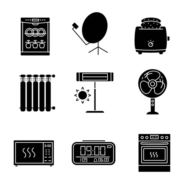 Conjunto Iconos Glifo Electrodomésticos Lavavajillas Antena Parabólica Tostadora Rebanadas Radiador — Archivo Imágenes Vectoriales