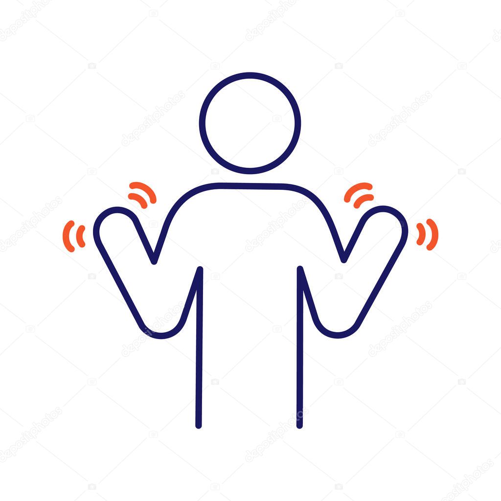 Hands tremor color icon. Parkinson's disease. Shaky hands. Anxiety tremor. Muscle twitching. Trembling. Physiological stress symptoms. Isolated vector illustration