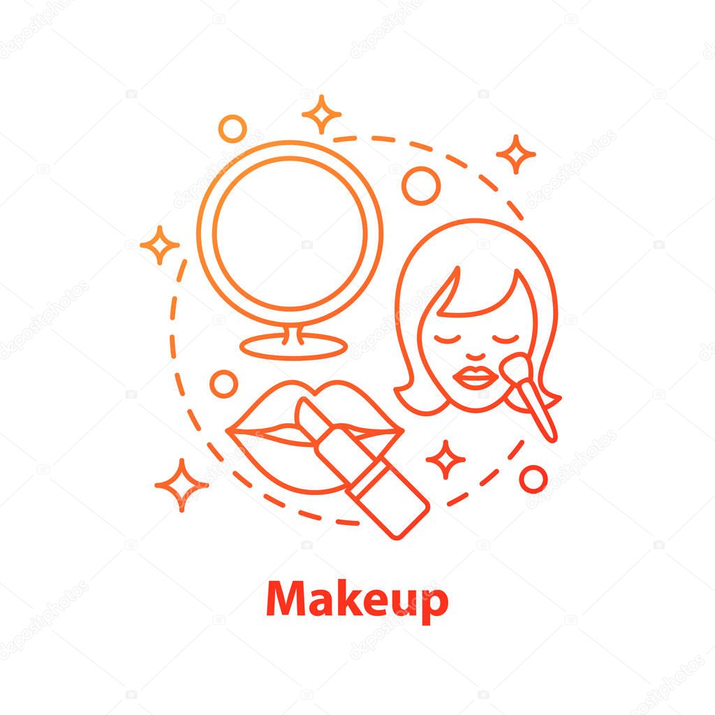 Makeup concept icon. Cosmetics idea thin line illustration. Beauty salon. Rouge, foundation and cotton pads. Vector isolated outline drawing