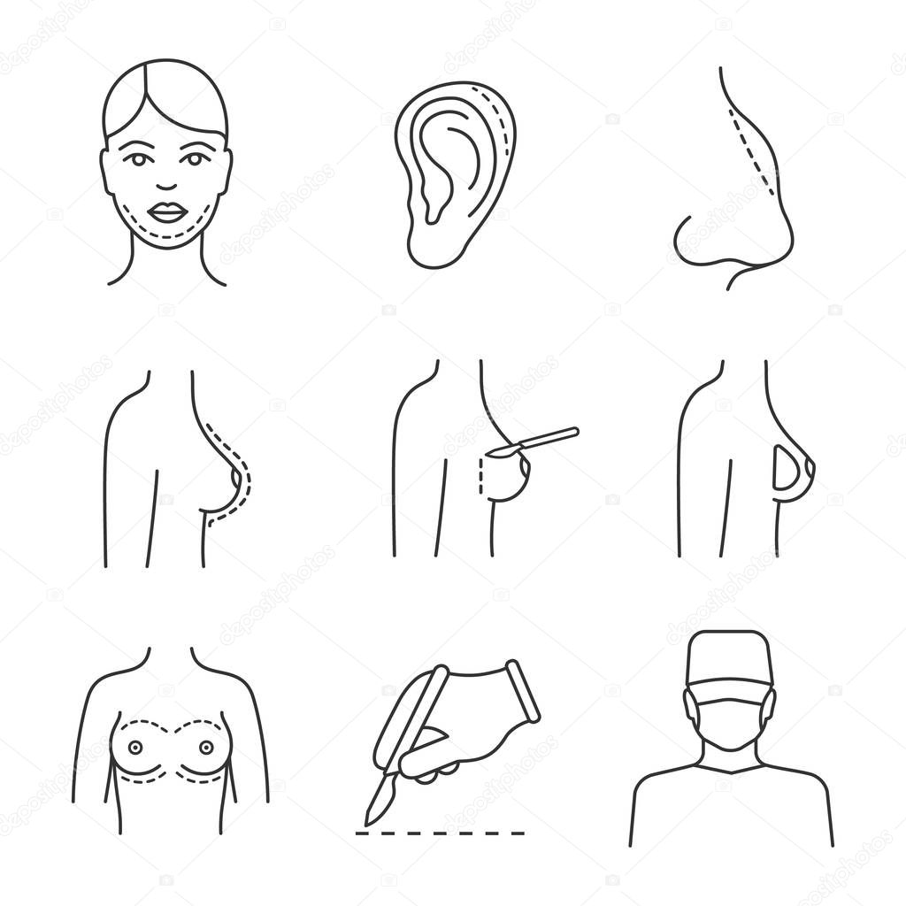Plastic surgery linear icons set. Chin, ear, nose shape correction surgery, breast augmentation, scalpel incision, surgeon. Thin line symbols. Isolated vector outline illustrations. Editable stroke