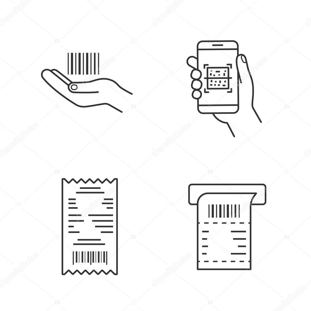 Barcodes linear icons set. Linear barcode in hand, QR codes scanning app, cash receipt, ATM paper check. Thin line contour symbols. Isolated vector outline illustrations. Editable stroke