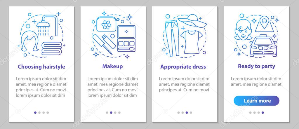 Getting ready for party onboarding mobile app page screen with linear concepts. Beauty salon. Appropriate hairstyle, makeup, dress steps instructions. UX, UI, GUI vector template with illustrations