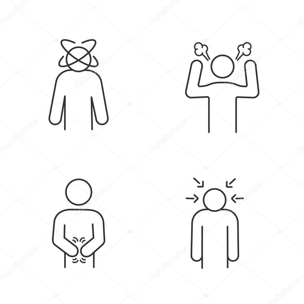 Emotional stress linear icons set. Dizziness, anger, indigestion, nervous tension. Thin line contour symbols. Isolated vector outline illustrations. Editable stroke