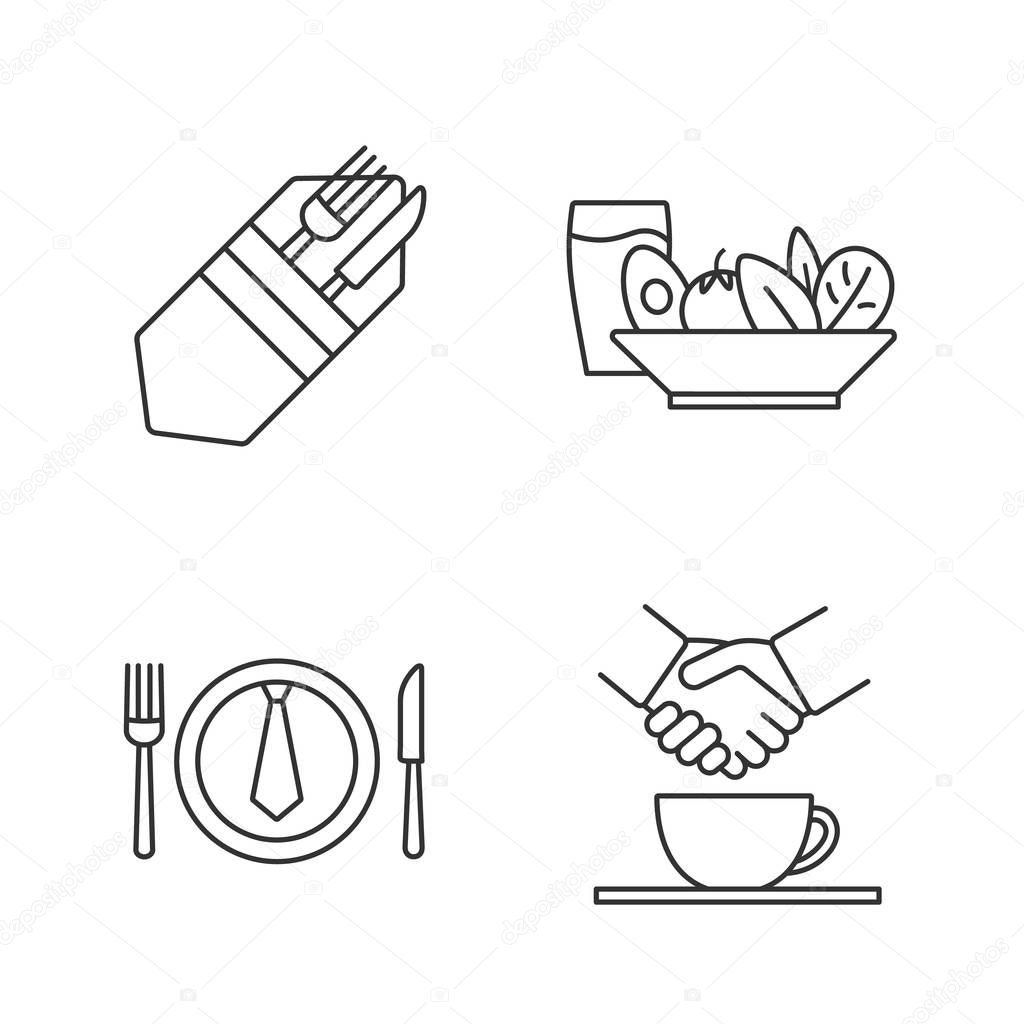 Business lunch linear icons set. Fork and knife, salad and cold drink, partnership, business dinner. Thin line contour symbols. Isolated vector outline illustrations. Editable stroke