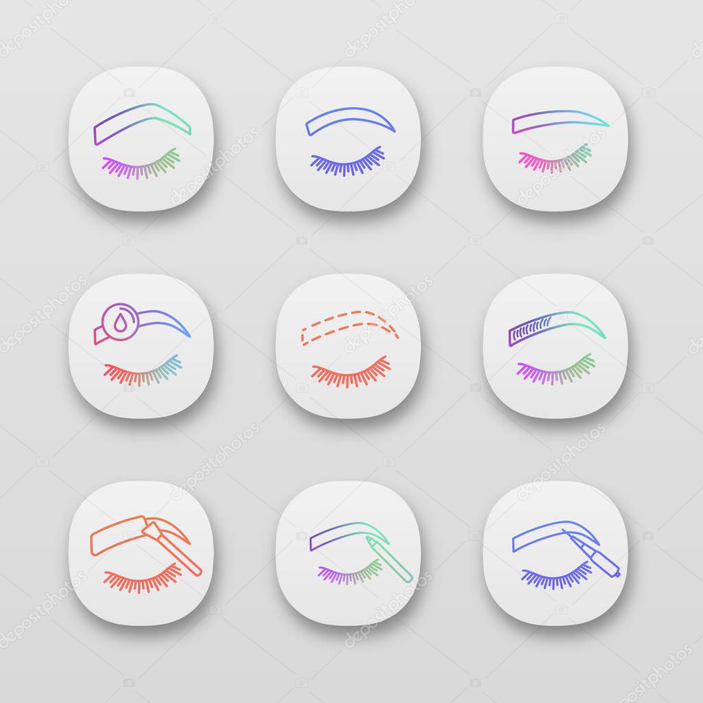 Eyebrows shaping app icons set. UI/UX interface. Arched, rounded, straight brows, makeup removal, microblading, tattooing, eyebrows contour, tinting with pencil and brush. Vector isolated illustration