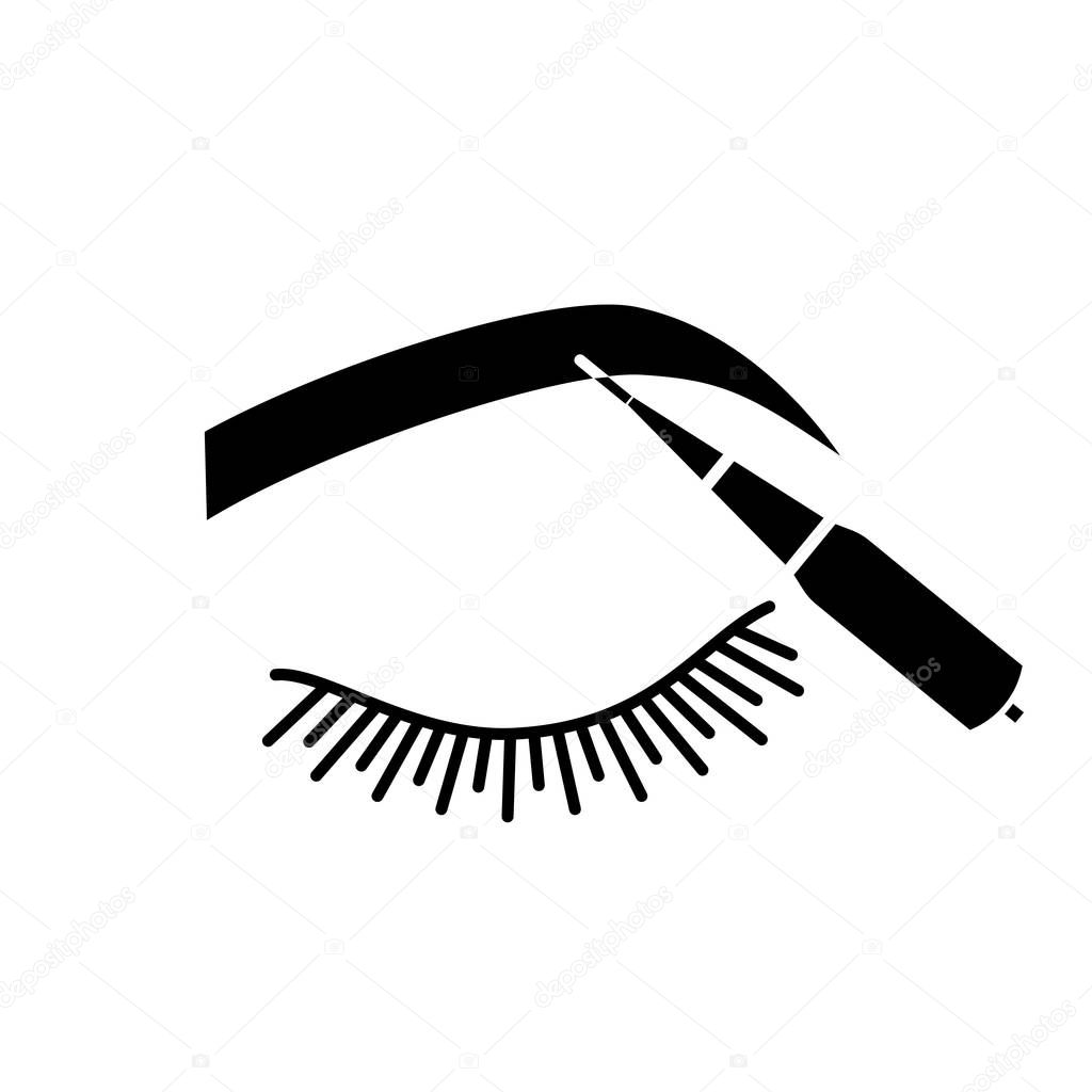 Microblading eyebrows glyph icon. Microblading pen tool. Eyebrows tattoo pen. Permanent makeup. Brows shaping. Silhouette symbol. Negative space. Vector isolated illustration