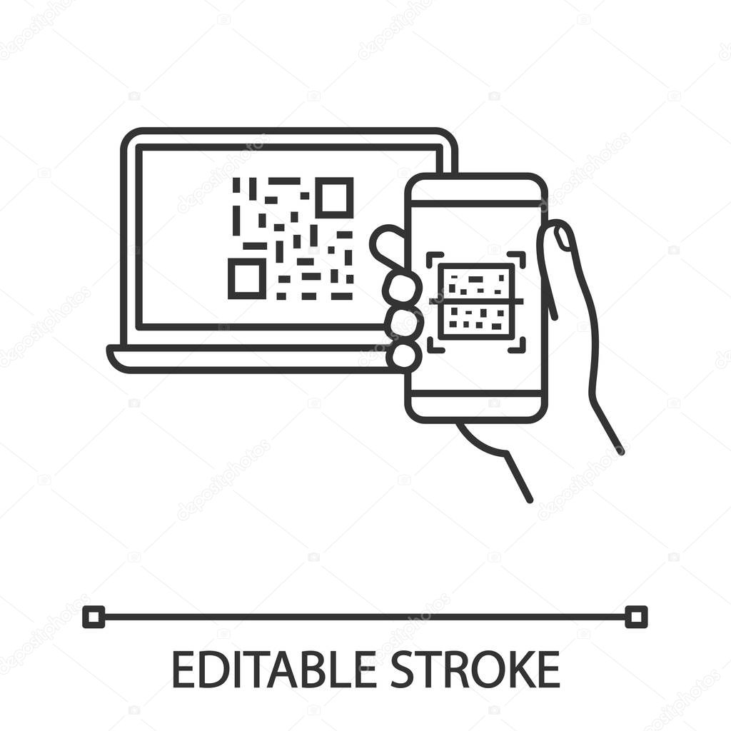 QR code scanning smartphone app linear icon. Barcode authorization. Mobile phone reading barcode on PC. Code displayed on laptop scan with smartphone. Vector isolated outline drawing. Editable stroke